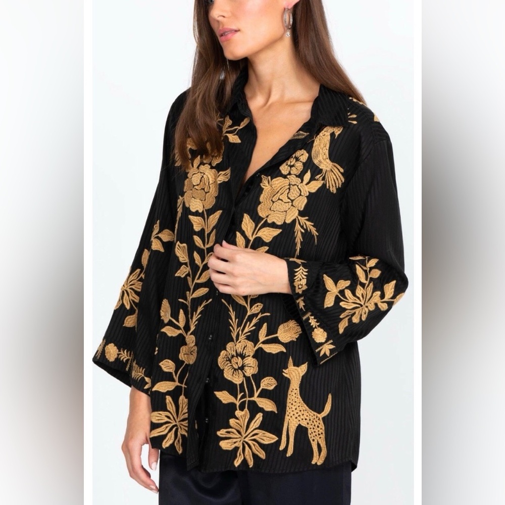 Johnny Was Black Blouse with gold silk Martina Kimono Sleeve Size Small